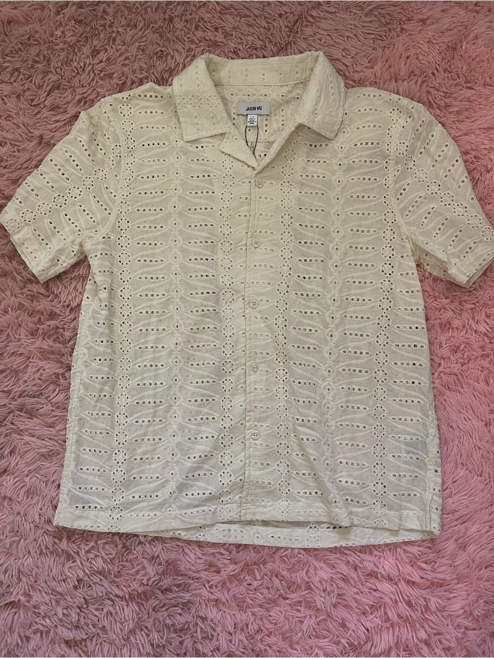 Jason Wu Mens Embroidered Eyelet Button Front Shirt Ivory Size Large